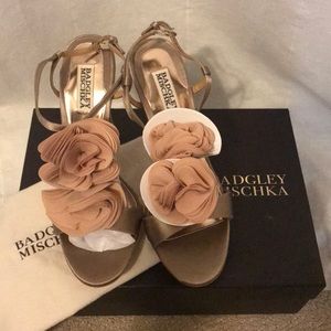 Badgley Mischka gold flower stilettos.